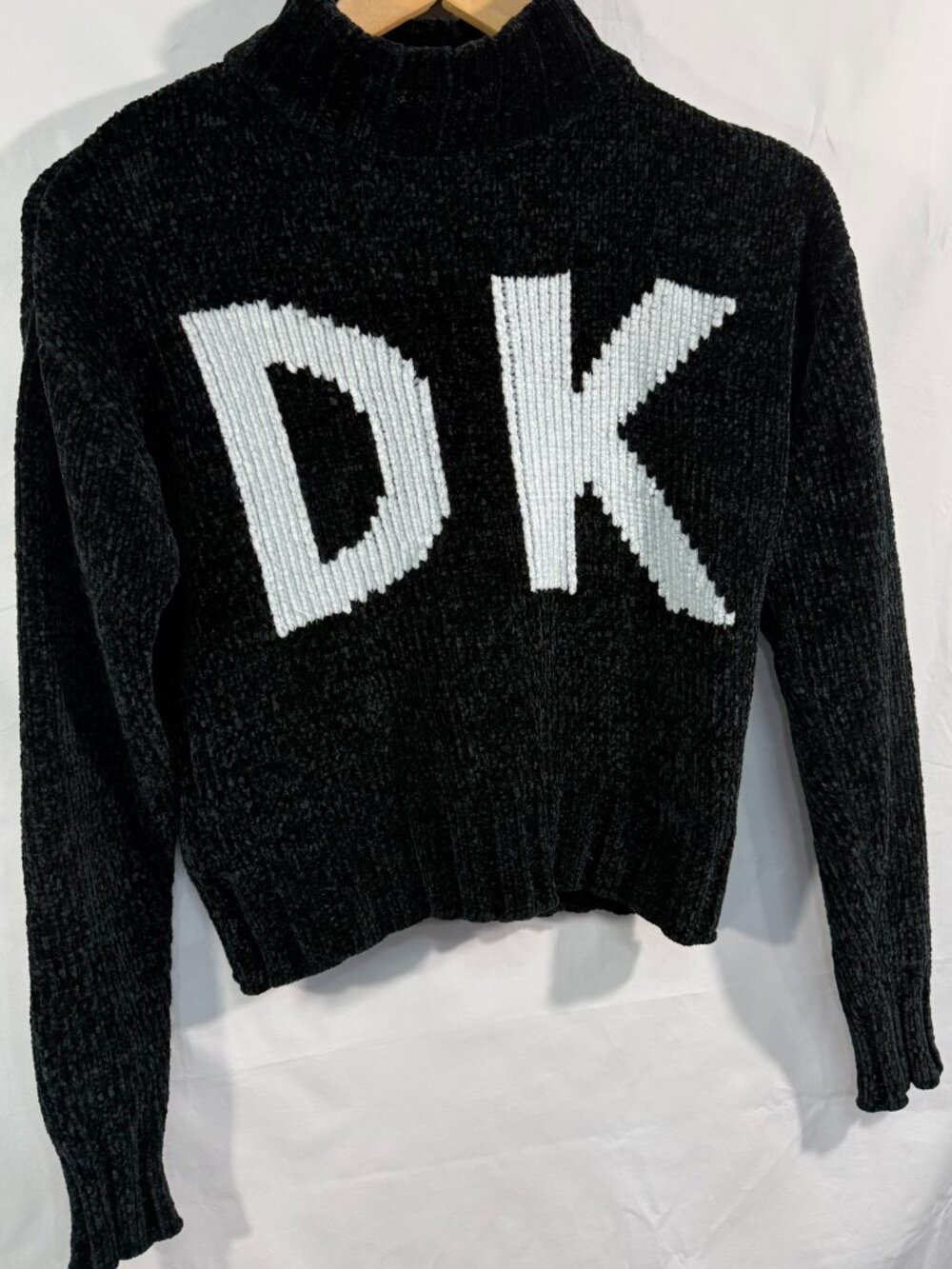 DKNY Big Letter Intarsia Logo Chenille Mock Neck Sweater Black XXS